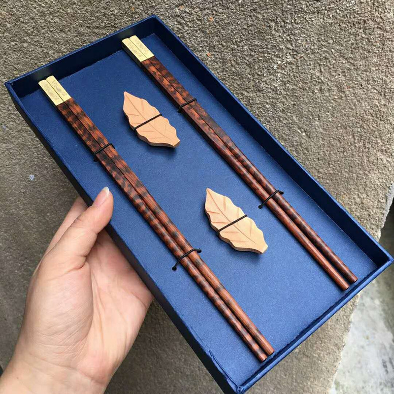 蛇纹木筷子实木筷子套装送礼佳品中华筷两双配2个叶子筷架