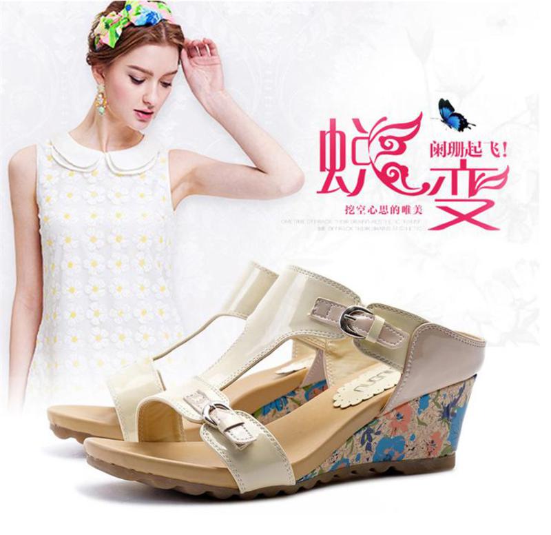 2015夏季新款时尚中跟坡跟韩版套脚懒人花纹凉鞋女鞋