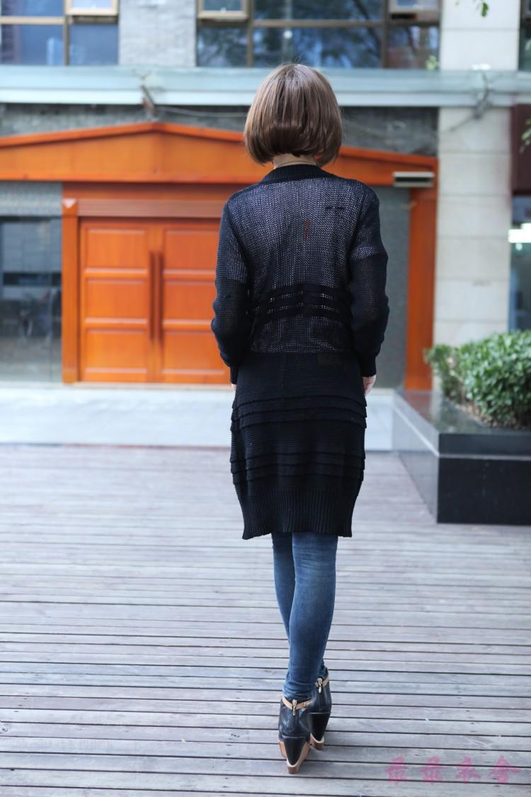 2013欧美版V领长袖中长款女针织开衫镂空外套毛衣