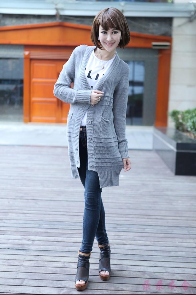 2013欧美版V领长袖中长款女针织开衫镂空外套毛衣