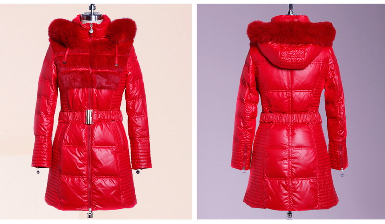 米尚2013冬装新款女士中长款兔毛拼块红色狐狸毛领羽绒服女装外套