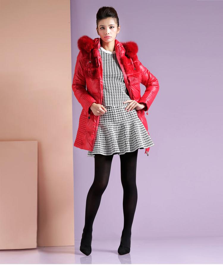 米尚2013冬装新款女士中长款兔毛拼块红色狐狸毛领羽绒服女装外套