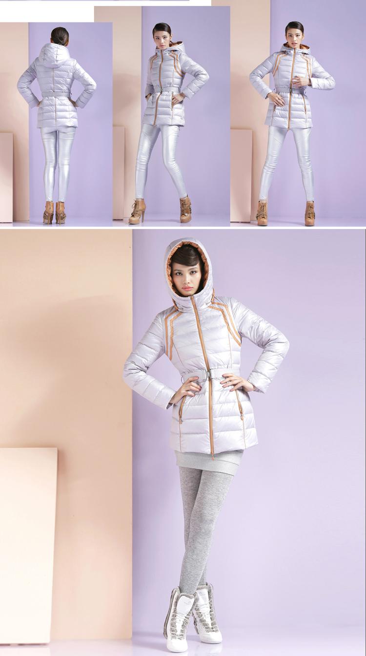 米尚2013秋冬新款女士白色时尚简约撞色修身加厚中长款羽绒服女