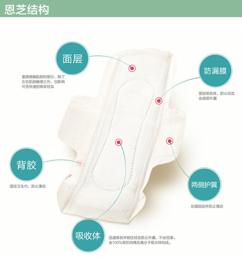 进口无荧光剂恩芝纯棉卫生巾 常用4包共61片包邮套装