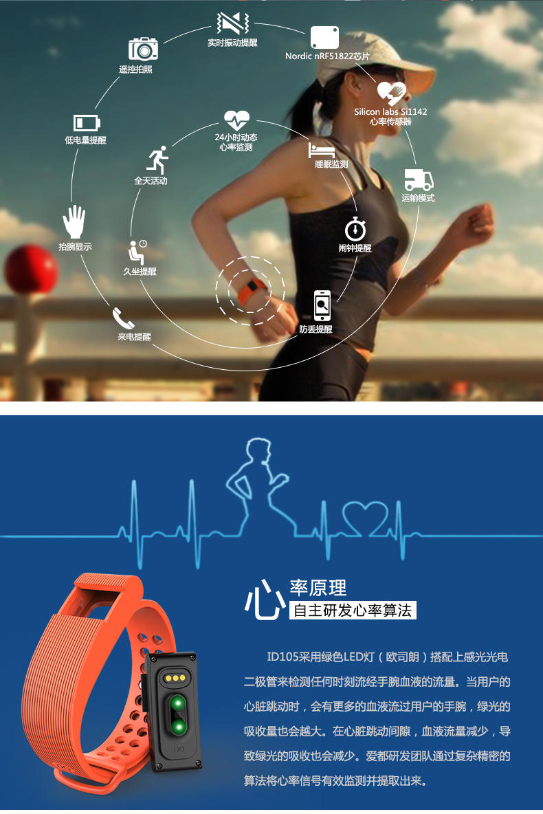 【包邮】美邮爱都ID105智能手环心率监测运动计步器睡眠监测防水兼容苹果安卓