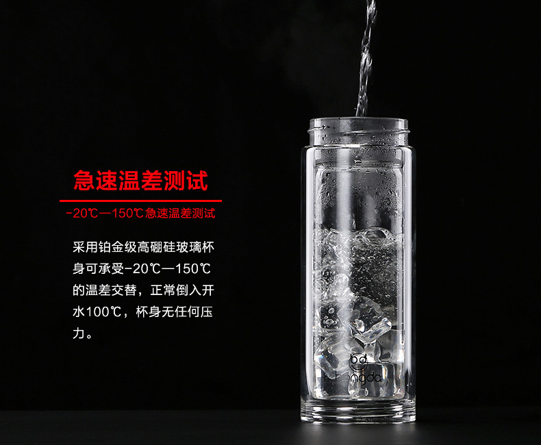 邦达双层透明带盖耐冷热玻璃杯 加厚泡茶滤茶水杯子便携直身杯