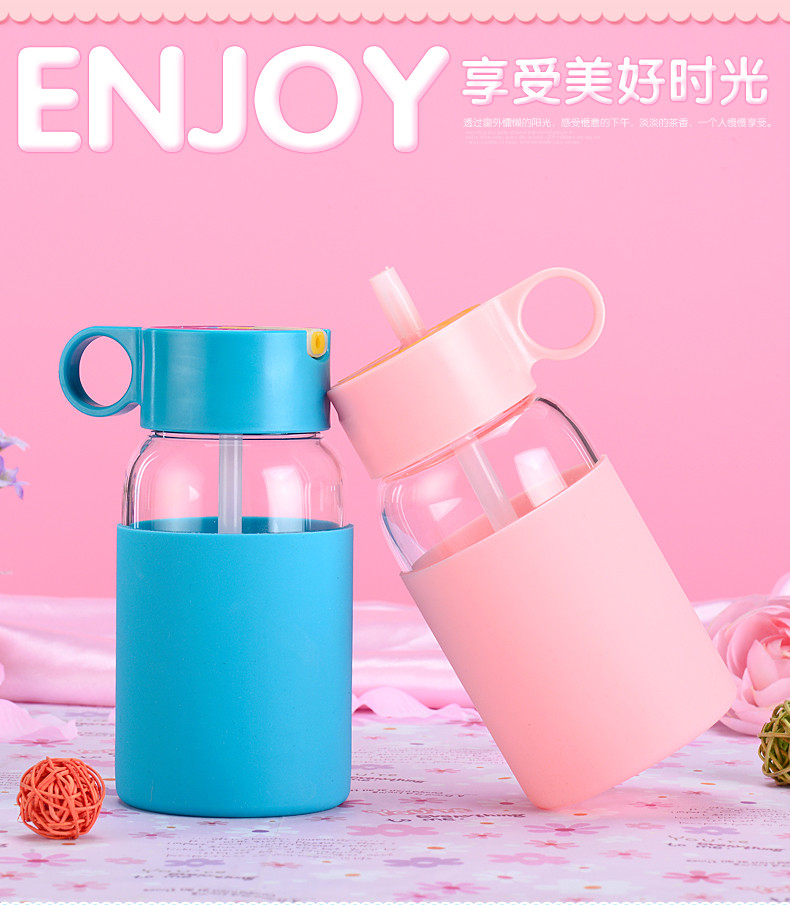 邦达创意玻璃杯韩版带盖便携水瓶女士儿童宝宝水壶吸管可爱水杯子