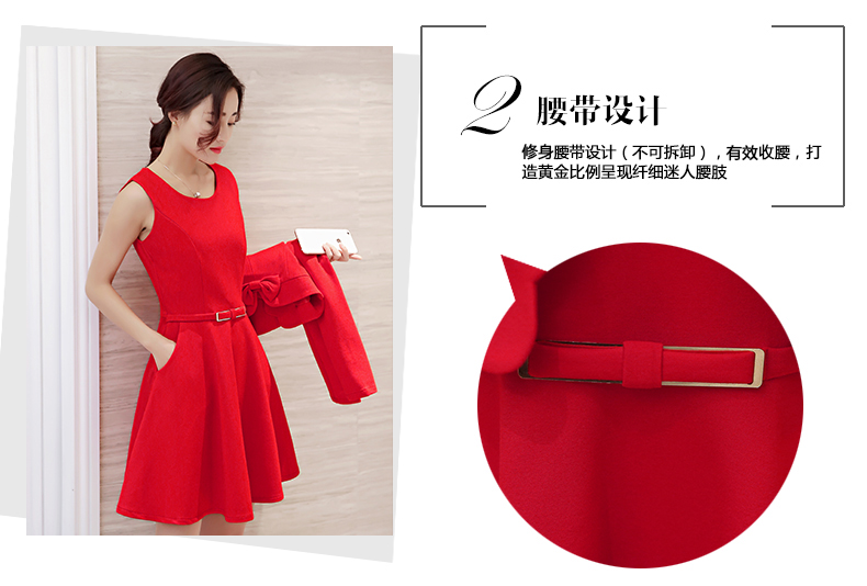 新款潮韩版时尚修身两件套连衣裙配腰带配胸花正品