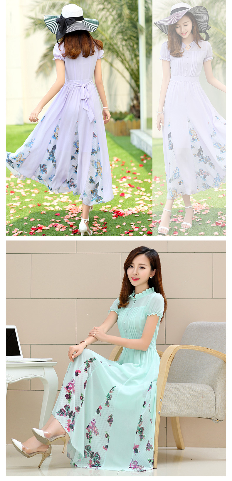 夏季韩版高领短袖中长款飘逸裙摆印花雪纺连衣裙