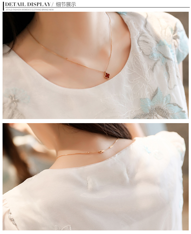 夏季新款女士韩版圆领短袖刺绣印花雪纺连衣裙