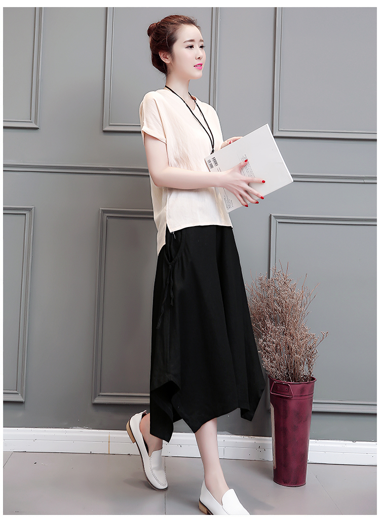 夏季韩版时尚修身显瘦圆领短袖纯色上衣+纯色中腰七分阔腿裤