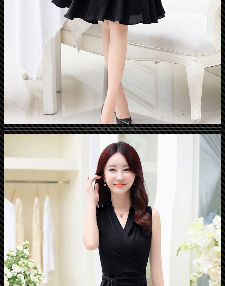 夏季新款韩版潮流V领无袖纯色中长款连衣裙