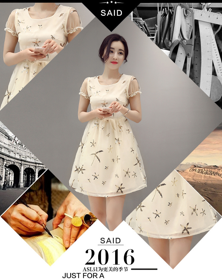 夏季韩版圆领短袖蕾丝透明印花宽松连衣裙