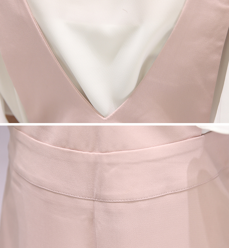 夏季个性V领纯色修身短袖T恤+纯色松紧腰中场看背带裙时尚气质两件套