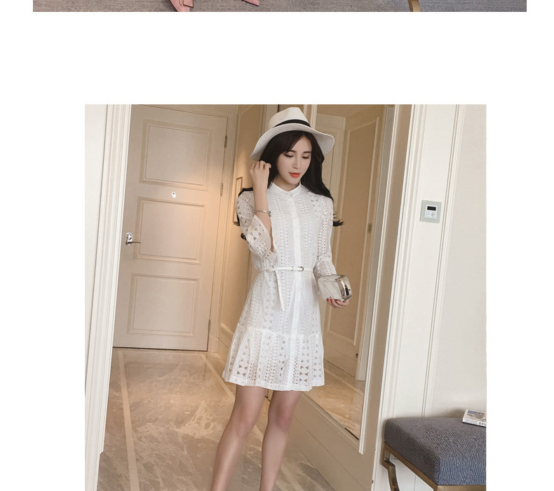 夏季韩版修身显瘦蕾丝镂空刺绣纯色七分袖连衣裙
