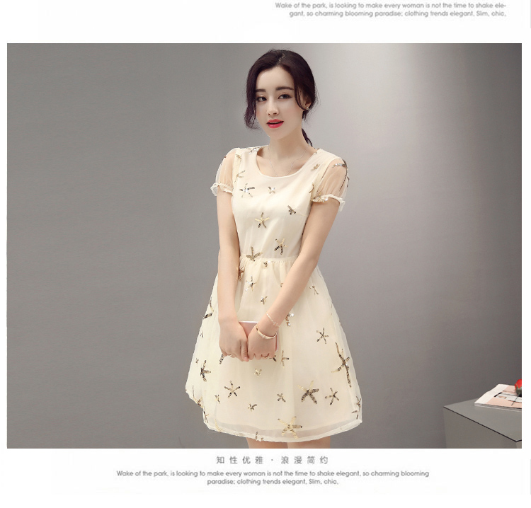 夏季韩版圆领短袖蕾丝透明印花宽松连衣裙