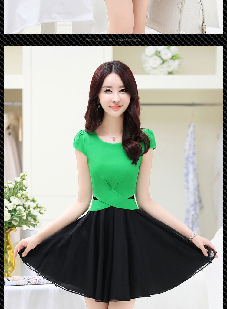 夏季新款潮流韩版圆领短袖纯色网纱拼接中长款连衣裙