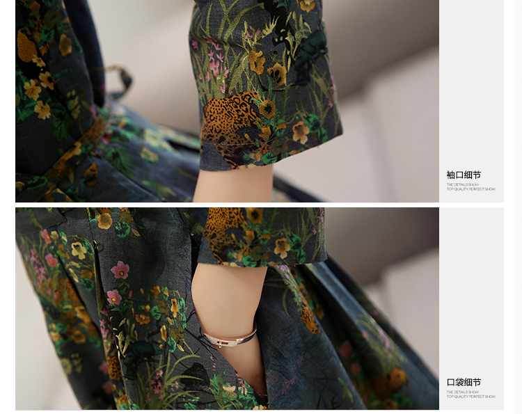 夏季韩版时尚宽松显瘦九分袖V领印花高腰大摆型连衣裙