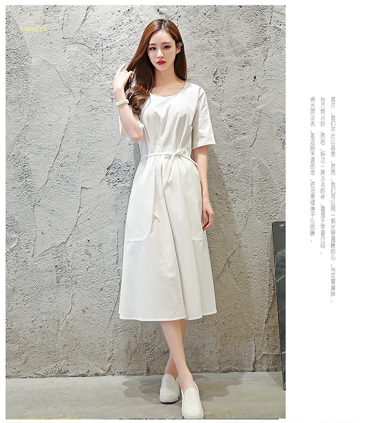 夏季韩版全棉收腰中长款七分袖显瘦圆领短袖纯色连衣裙