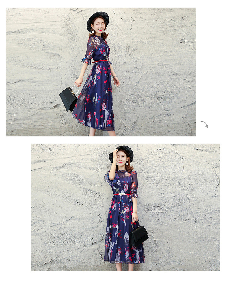 春季韩版时尚显瘦印花仿真丝翻领中袖大摆型连衣裙