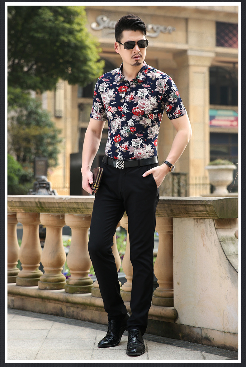 品牌男装夏季新款男式短袖衬衫 男士印花衬衣 时尚韩版男寸
