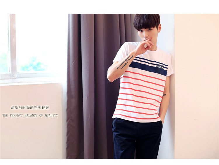 夏季新款韩版男士圆领T恤纯棉短袖海魂风条纹男式T恤