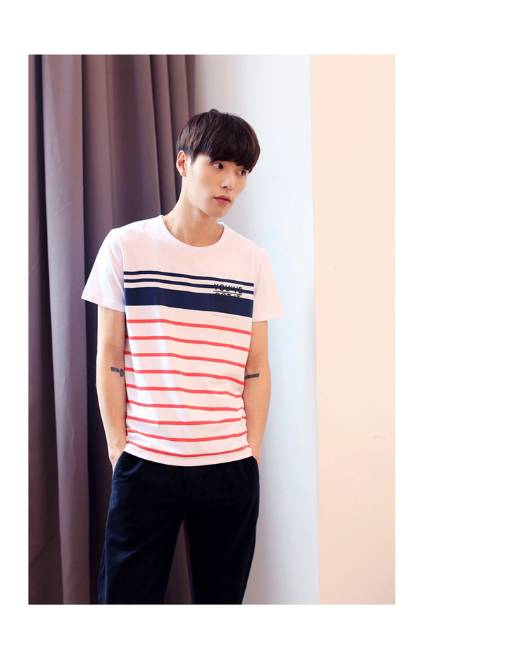 夏季新款韩版男士圆领T恤纯棉短袖海魂风条纹男式T恤