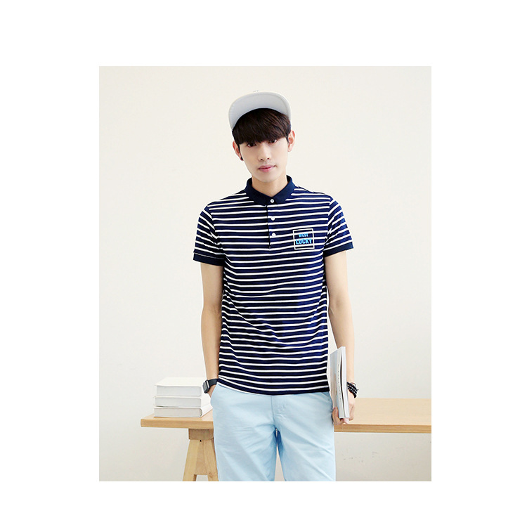 夏季新款条纹短袖polo衫 印花男式T恤男韩版男装