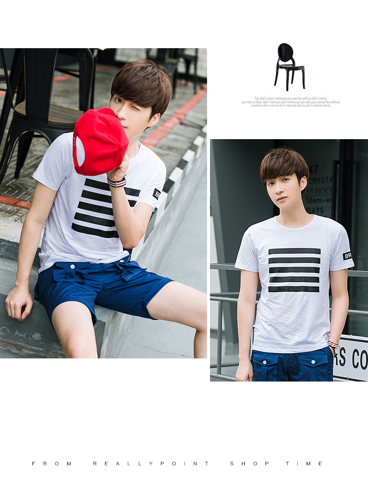 韩版男装 夏装新款圆领男士T恤男装纯棉印花短袖T恤