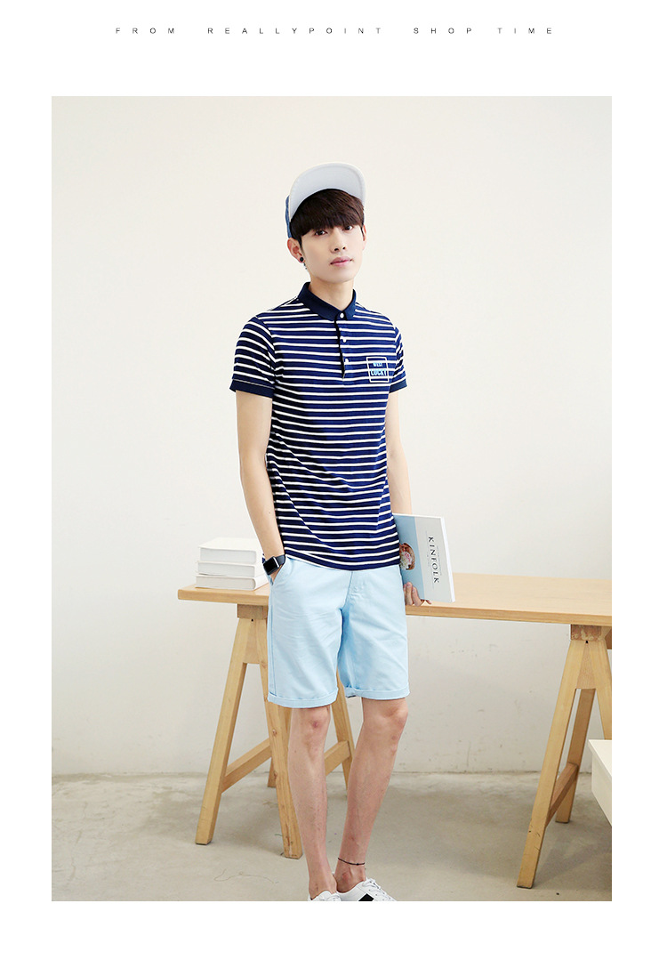 夏季新款条纹短袖polo衫 印花男式T恤男韩版男装