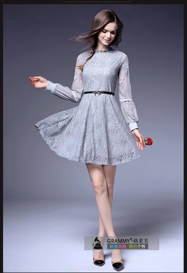 格莱美2016春装连衣裙圆领蕾丝修身长袖连衣裙G18001