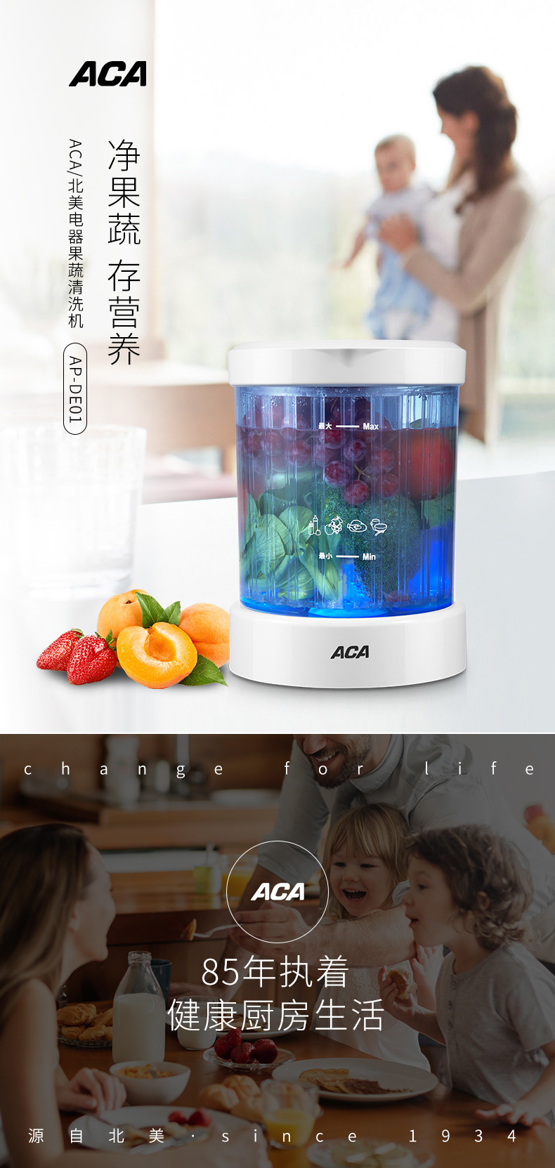 ACA 全自动家用多功能果蔬解毒机洗菜机 AP-DE01