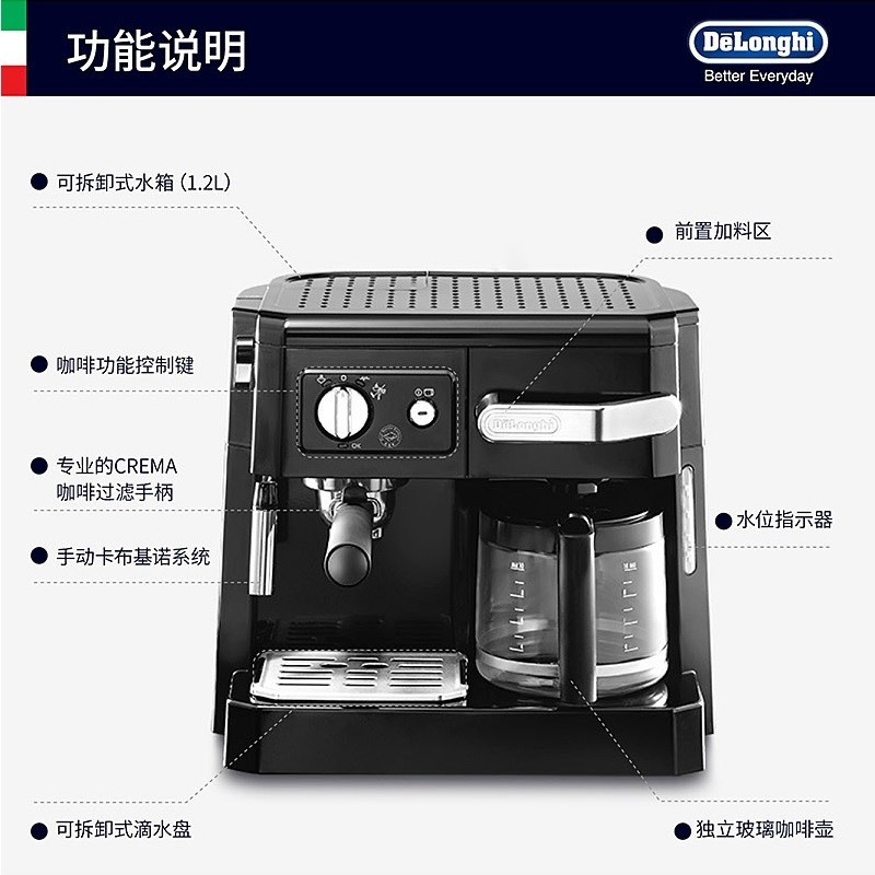 德龙(Delonghi) BCO410意式美式滴漏泵压二合一半自动多功能咖啡机