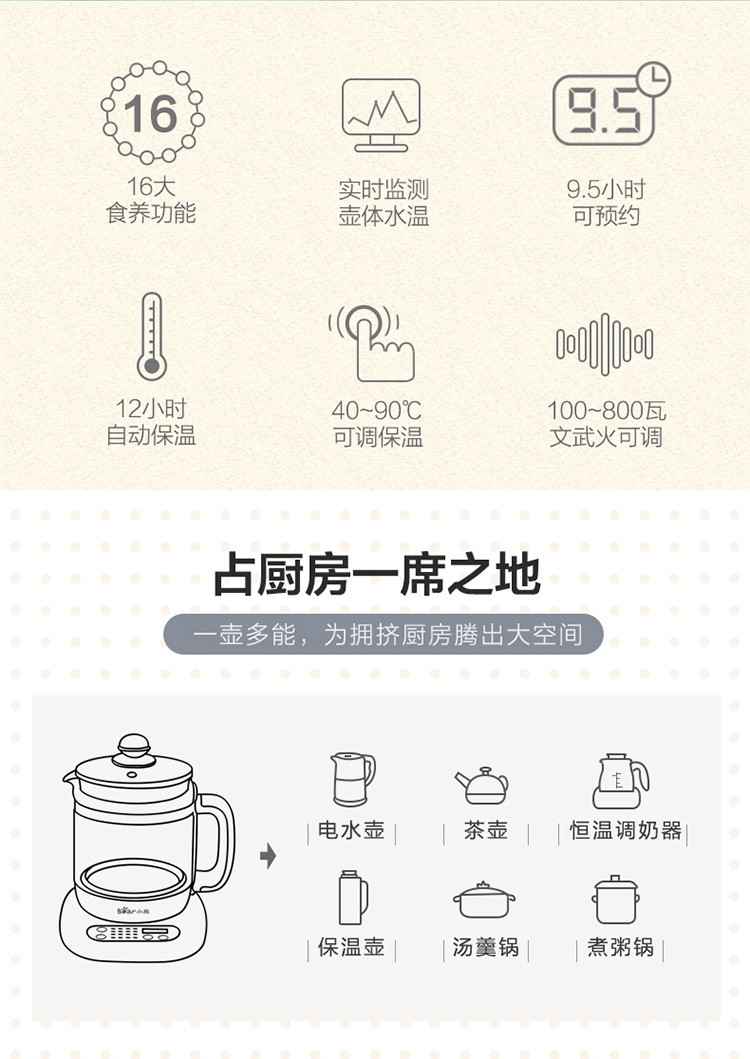 小熊 1.5L迷你玻璃养生壶 YSH-C15K1 电热水壶