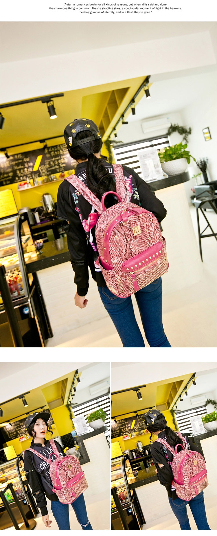 新款韩版旅游背包铆钉蛇纹双肩包朋克韩版潮女包书包YG161