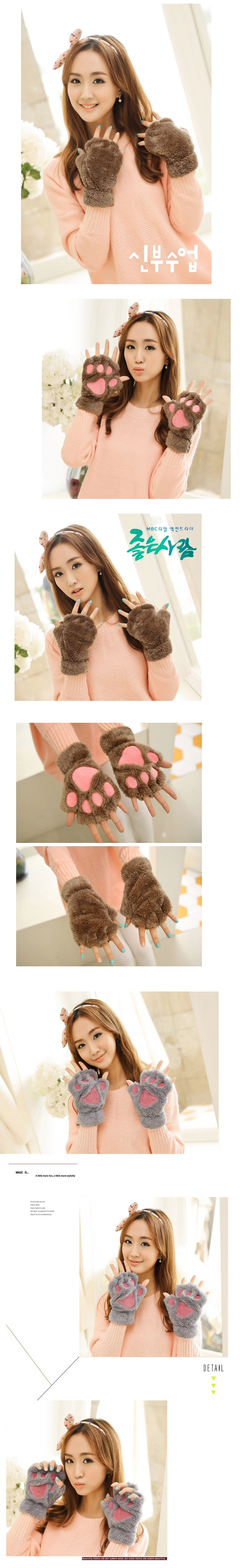冬季加厚保暖可爱韩版潮卡通猫咪爪子手套 半指手套B316