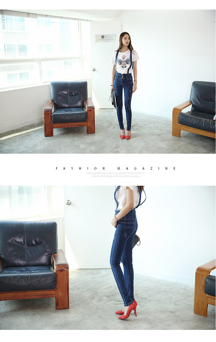 韩国春季新款高腰排扣修身显瘦小脚铅笔背带裤牛仔裤 NC1506