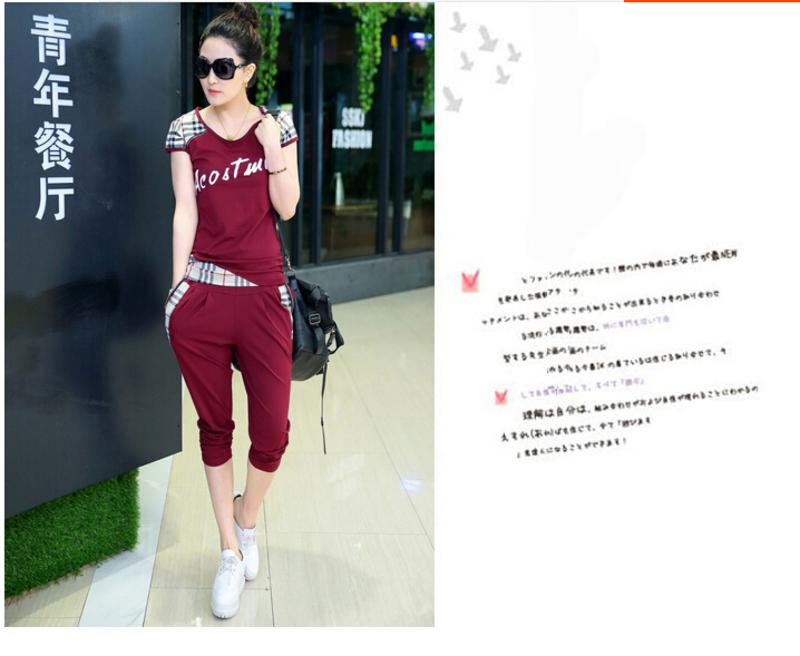 新款韩版大码休闲套装女夏时尚显瘦格子短袖运动套装女两件套NC9380
