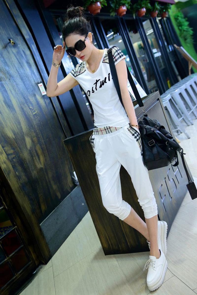 新款韩版大码休闲套装女夏时尚显瘦格子短袖运动套装女两件套NC9380