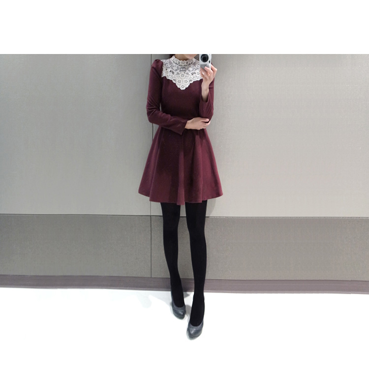 秋装新款韩版修身显瘦长袖针织拼接蕾丝花领女长袖连衣裙NC6186