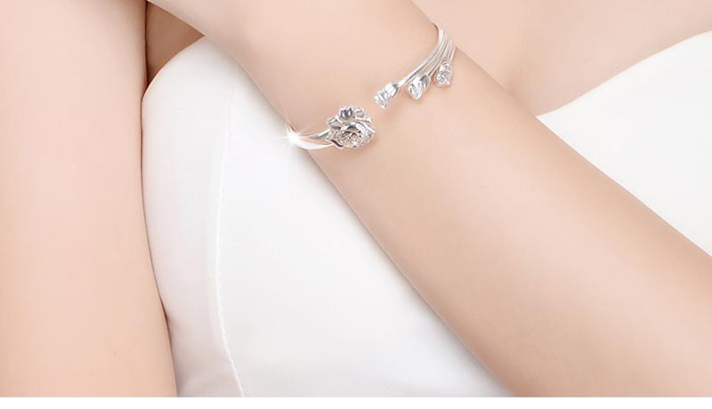 新款银手镯女玫瑰花语银镯子韩版时尚银手镯B965