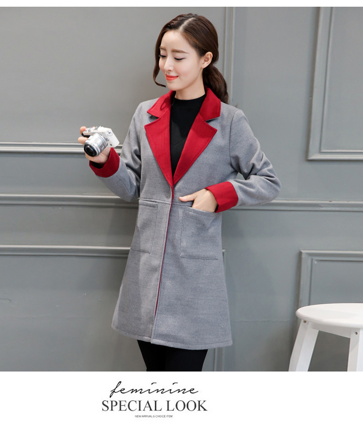 秋冬季新款韩版宽松大码呢子大衣拼色中长款女外套NC5708