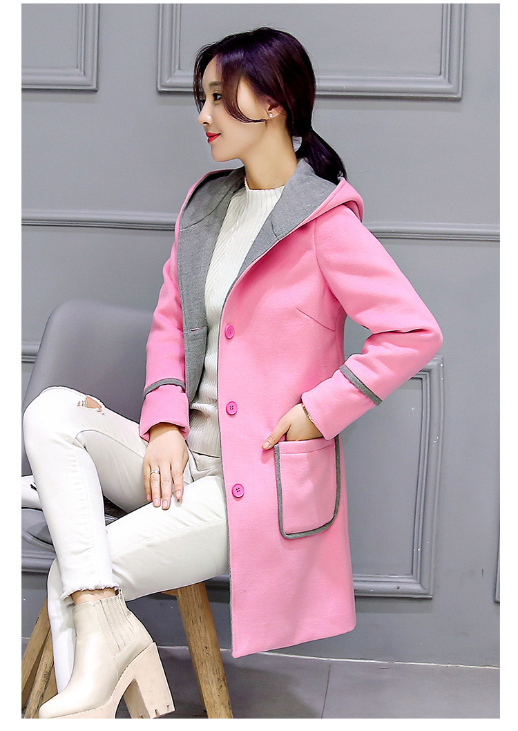 2016中长款韩版修身连帽粉色可爱日系风加棉加厚毛呢外套NC9901