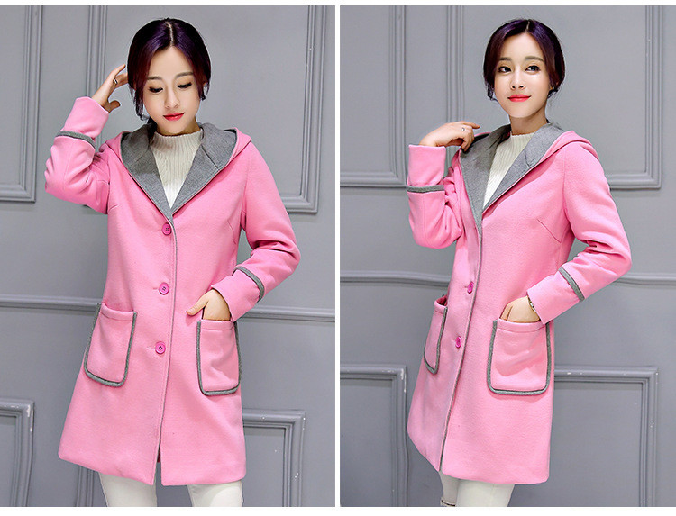2016中长款韩版修身连帽粉色可爱日系风加棉加厚毛呢外套NC9901