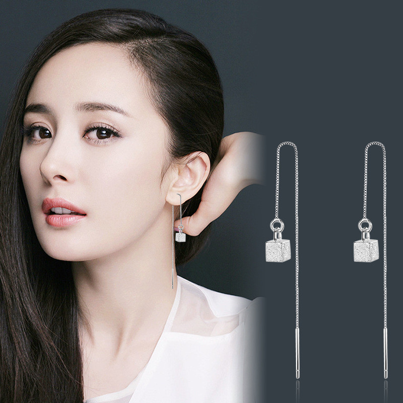 拉丝方块耳线长款日韩国简约气质经典时尚几何小方块流苏耳环耳饰B131