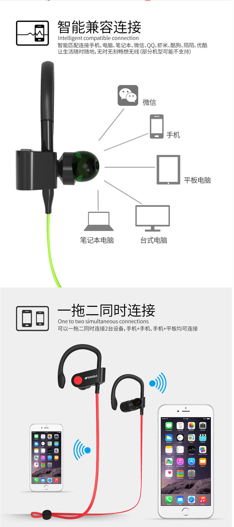 山水 （SANSUI）I6无线运动蓝牙耳机4.1通用型