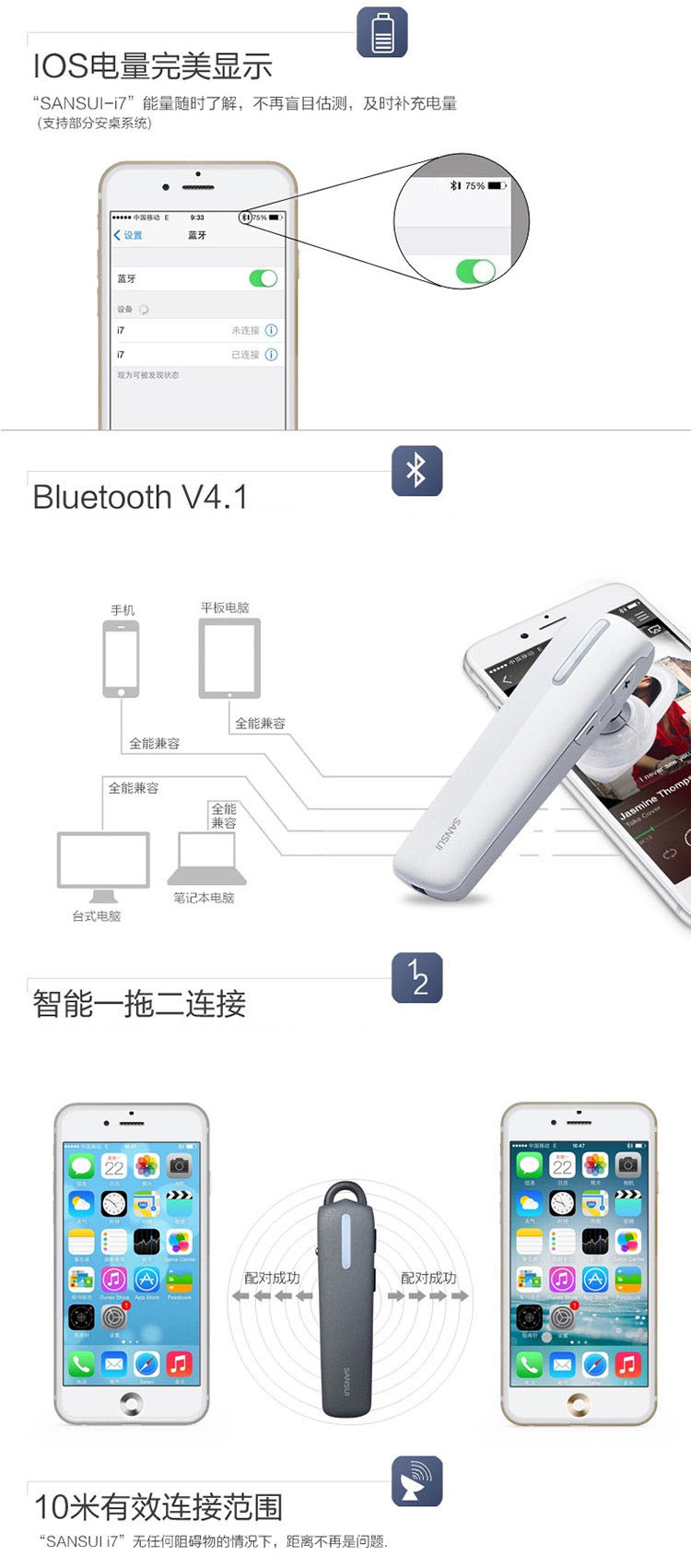 山水（SANSUI）i7蓝牙耳机 立体声 迷你耳塞挂耳式