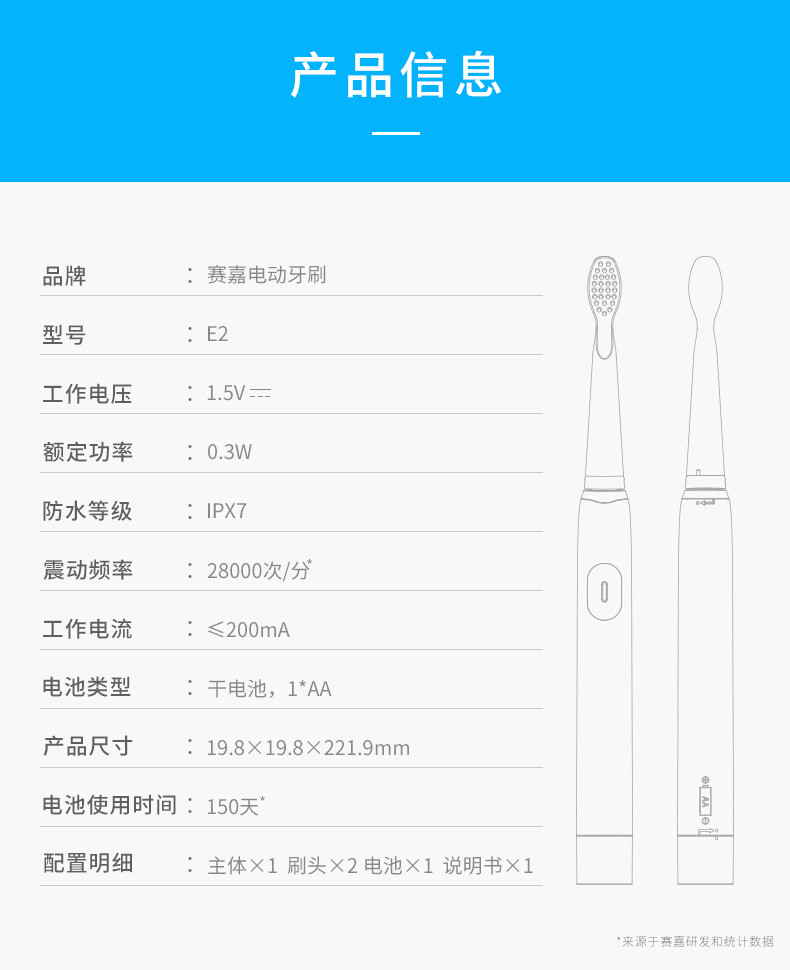 赛嘉 电动牙刷成人款家用防水 E2 配6个牙刷头