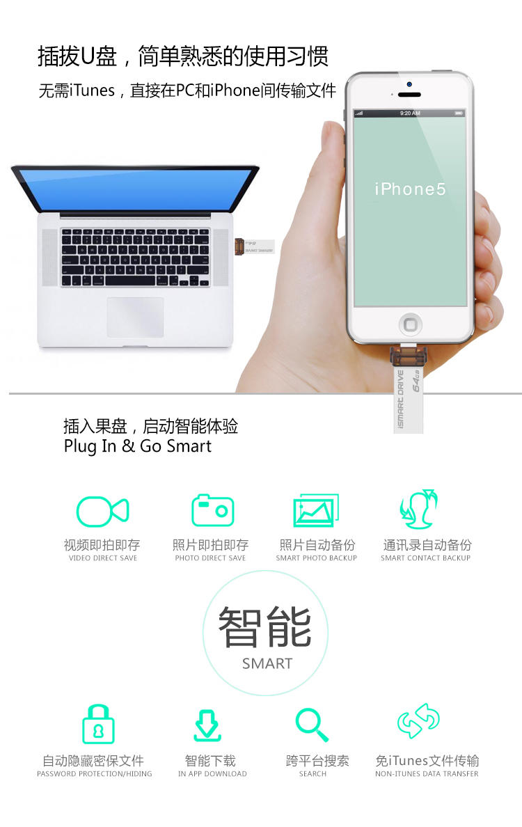 象鼻子苹果手机U盘64G iphone6S,ipad pro平板电脑储卡