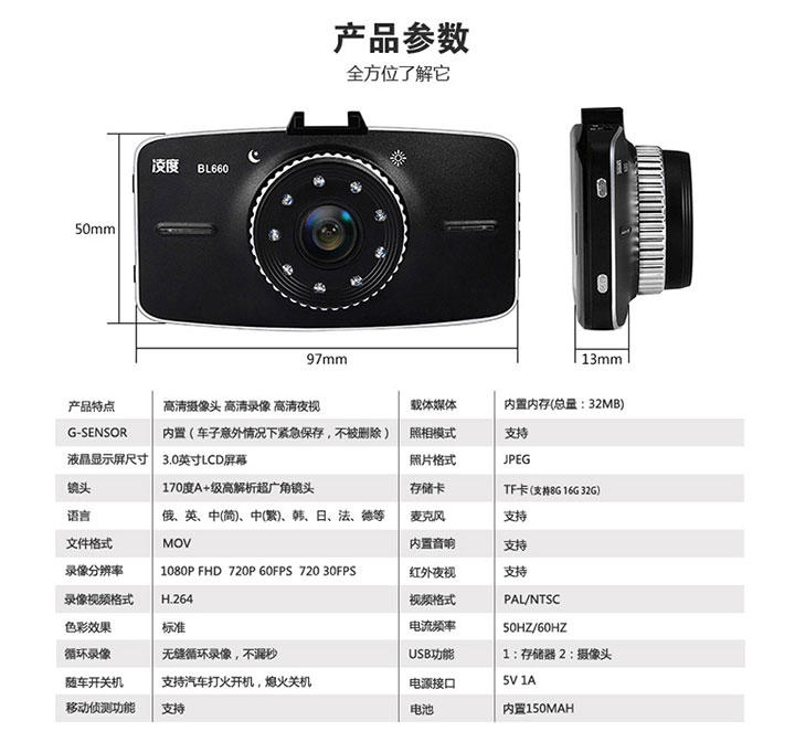 凌度升级版3英寸行车记录仪高清广角夜视停车监控移动侦测+32G卡 BL660